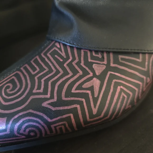 HANDCRAFTED Upcycled Faux Leather Black Boots HANDPAINTED Kitten Heel Ankle Shoe - Picture 14 of 17